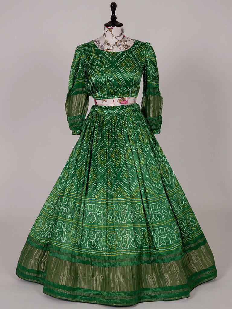 Green Color Bandhani Printed Pure Gaji Silk Gujarati Chaniya Choli Clothsvilla