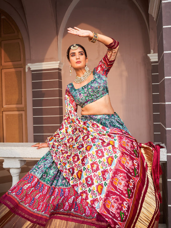 Green Color Digital Printed Pure Gaji Silk Lehenga Choli Clothsvilla