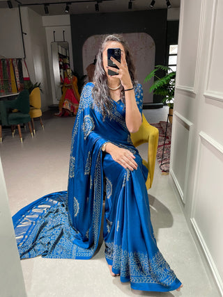 Teal Color Semi Gaji Satin Saree With Foil And Print Work Clothsvilla