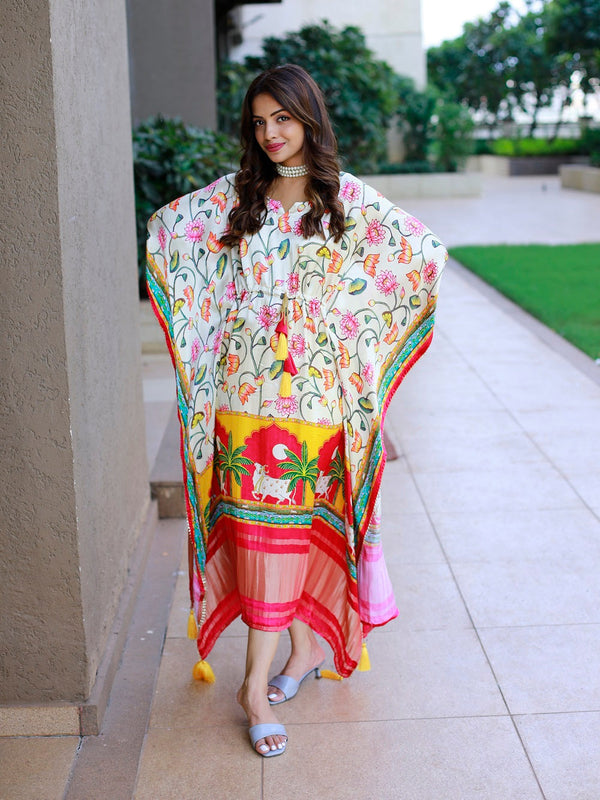 White Color Digital Printed Pure Gaji Silk Kaftan Dresses Clothsvilla