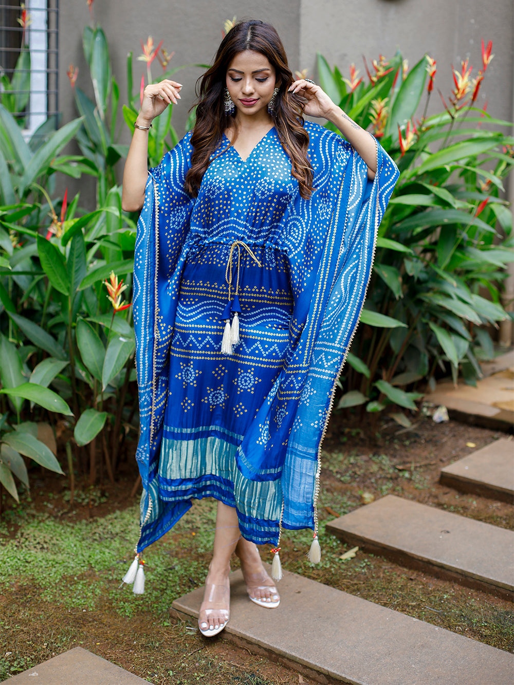 Blue Color Digital Bandhej Printed Pure Gaji Silk Kaftan Clothsvilla