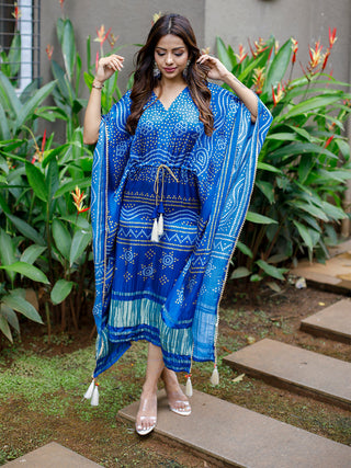 Blue Color Digital Bandhej Printed Pure Gaji Silk Kaftan Clothsvilla