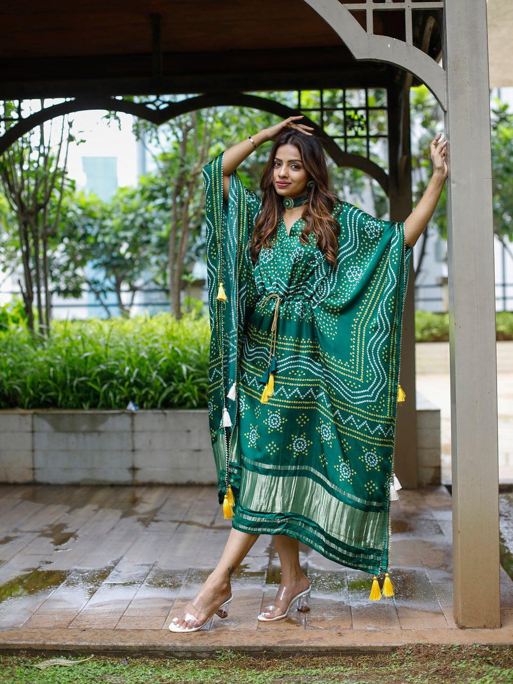 Green Color Digital Bandhej Printed Pure Gaji Silk Kaftan Clothsvilla