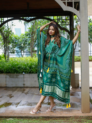 Green Color Digital Bandhej Printed Pure Gaji Silk Kaftan Clothsvilla