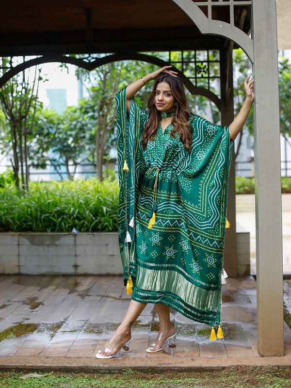 Green Color Digital Bandhej Printed Pure Gaji Silk Kaftan Clothsvilla