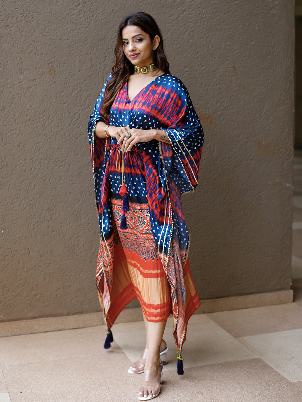 Navy Blue Color Digital Bandhej Print Pure Gaji Silk kaftan Clothsvilla