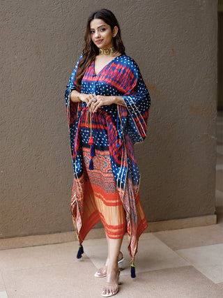 Navy Blue Color Digital Bandhej Print Pure Gaji Silk kaftan Clothsvilla
