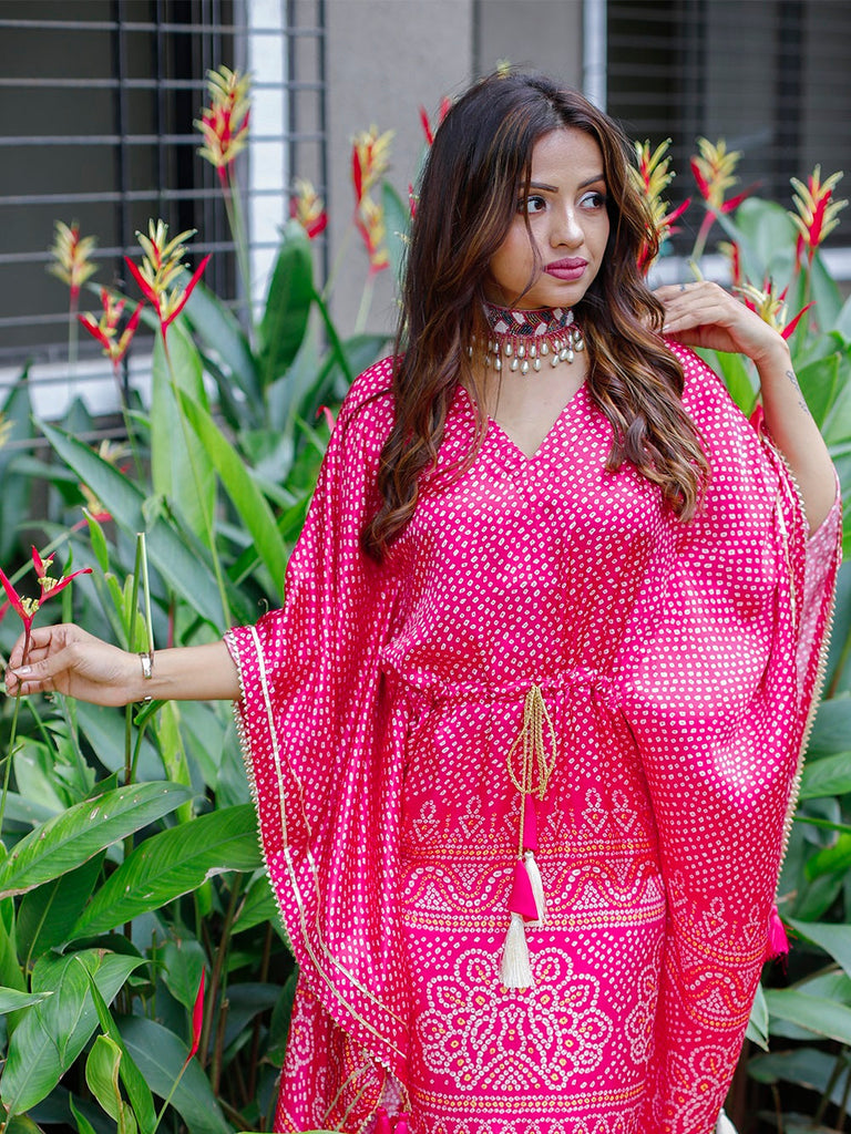Pink Color Digital Bandhej Print Pure Gaji Silk Kaftan Clothsvilla