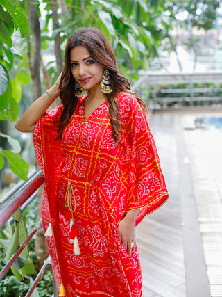 Red Color Digital Bandhej Printed Pure Gaji Silk Kaftan Clothsvilla