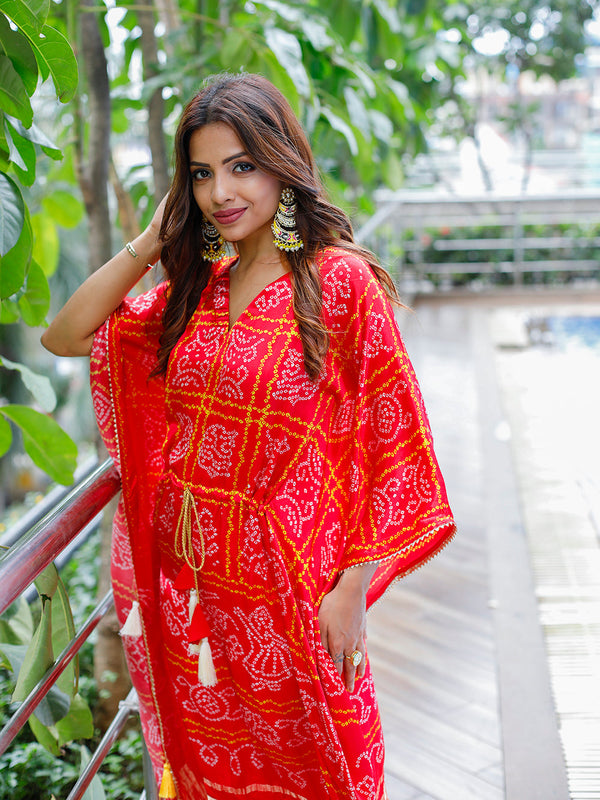 Red Color Digital Bandhej Printed Pure Gaji Silk Kaftan Clothsvilla