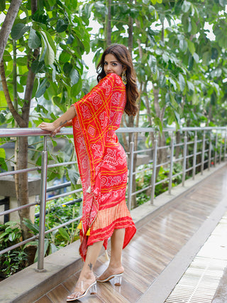 Red Color Digital Bandhej Printed Pure Gaji Silk Kaftan Clothsvilla