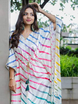 White Color Digital Bandhej Printed Pure Gaji Silk Kaftan Clothsvilla