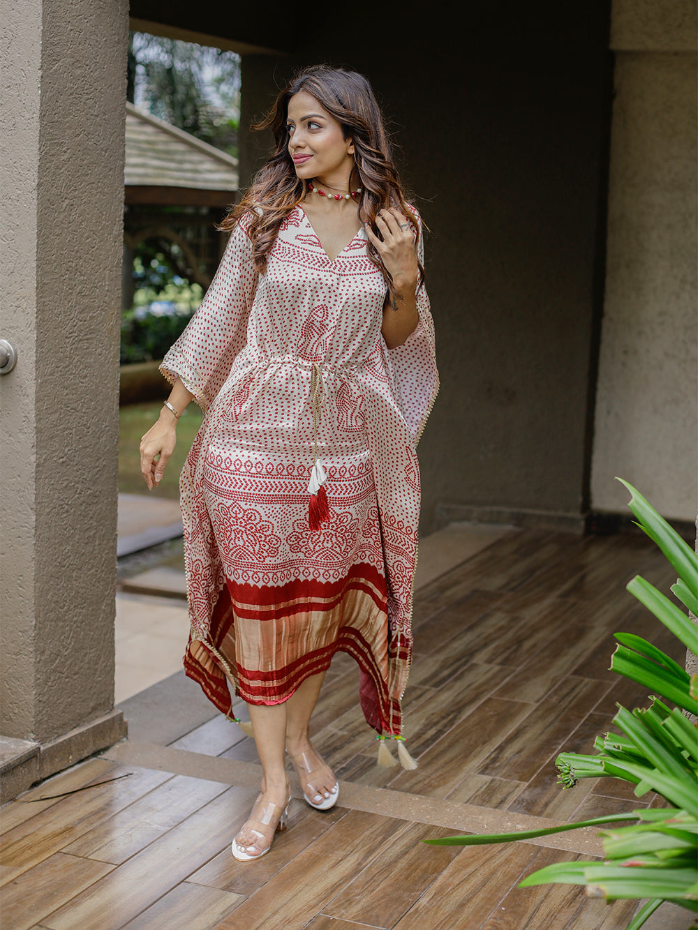 Off-White Color Digital Bandhej Printed Pure Gaji Silk Kaftan Clothsvilla