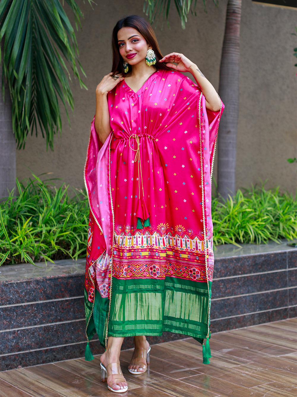 Pink Color Digital Bandhej Print Pure Gaji Silk Kaftan Clothsvilla