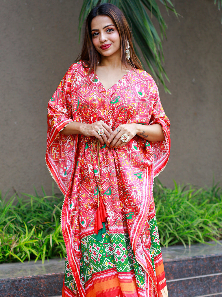 Red Color Digital Bandhej Print Pure Gaji Silk Kaftan Clothsvilla
