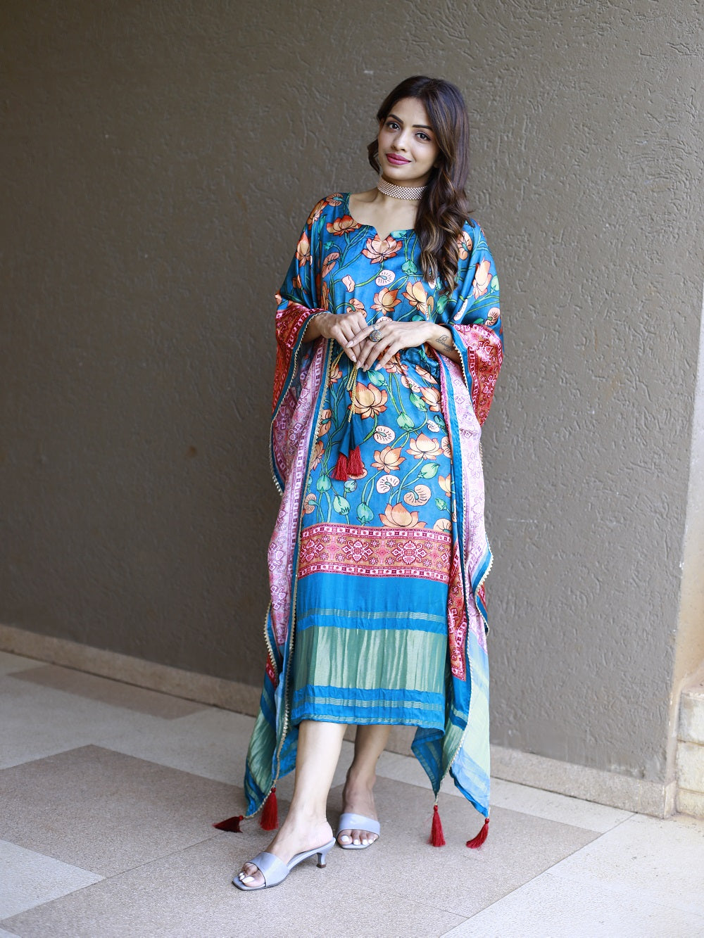 Teal Color Digital Printed Pure Gaji Silk Kaftan Dresses Clothsvilla
