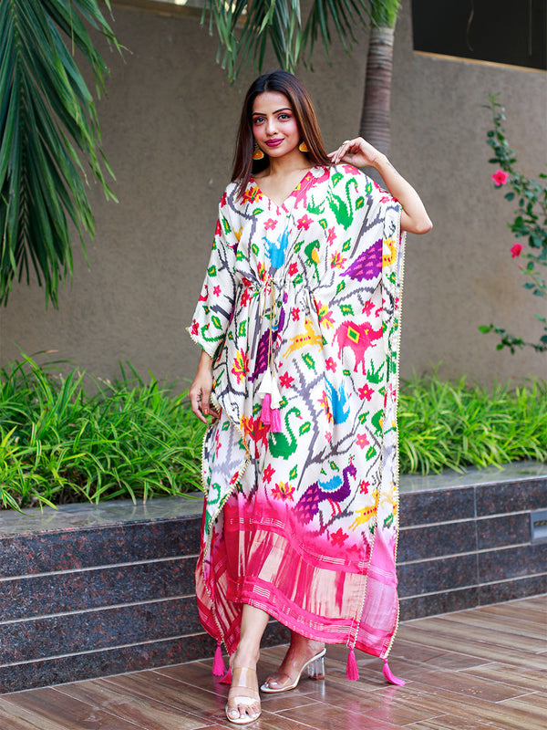 White Color Digital Bandhej Print Pure Gaji Silk Kaftan Clothsvilla