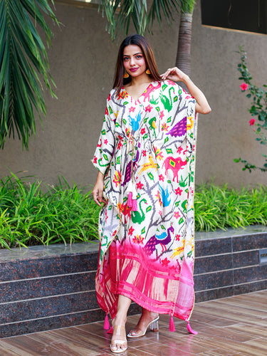 White Color Digital Bandhej Print Pure Gaji Silk Kaftan Clothsvilla