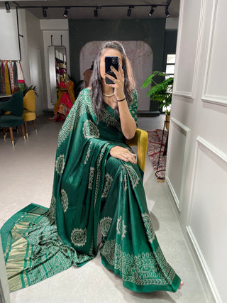 Green Color Printed And Foil Work Semi Gaji Satin Saree Clothsvilla