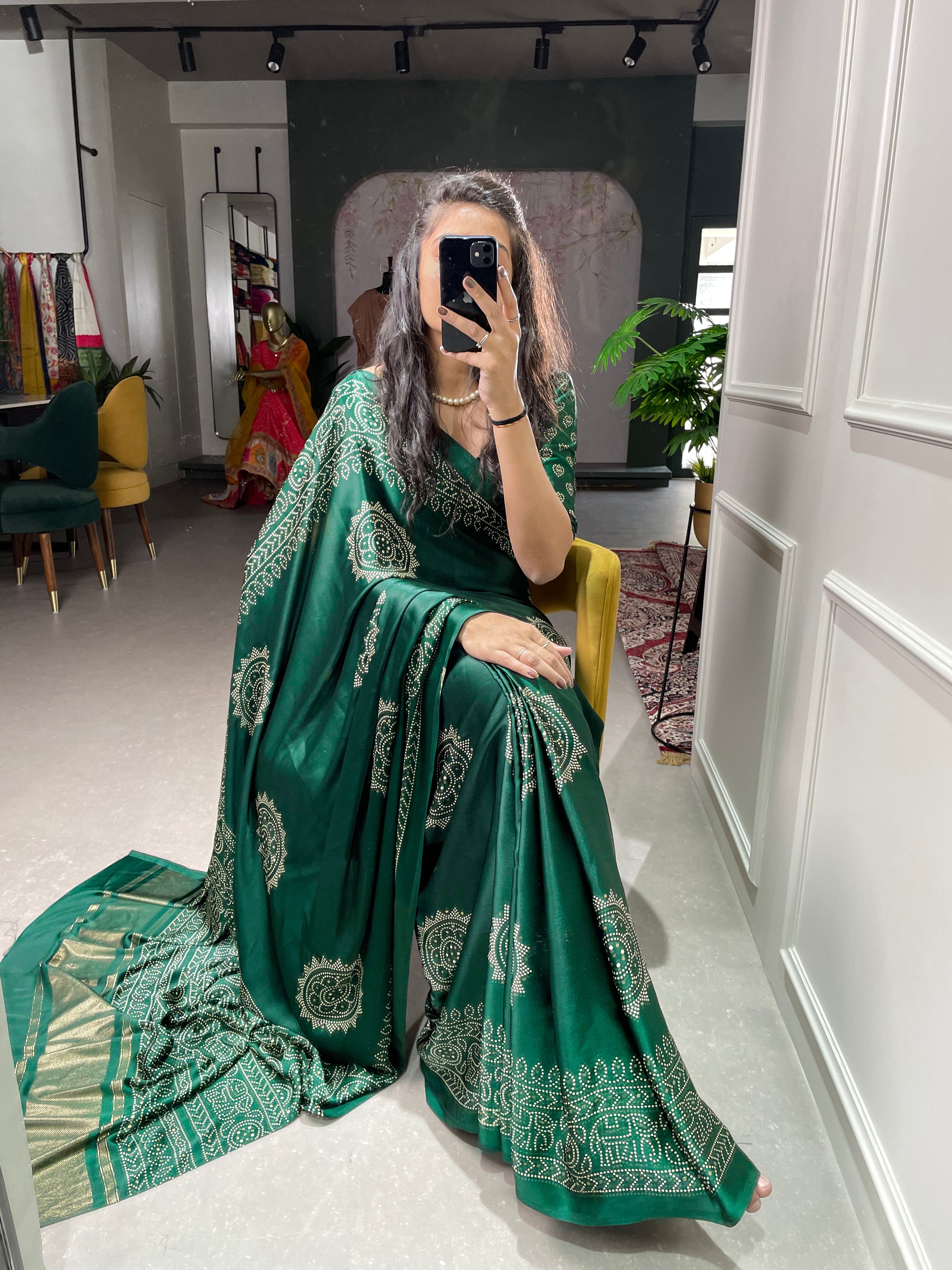 Green Color Printed And Foil Work Semi Gaji Satin Saree Clothsvilla