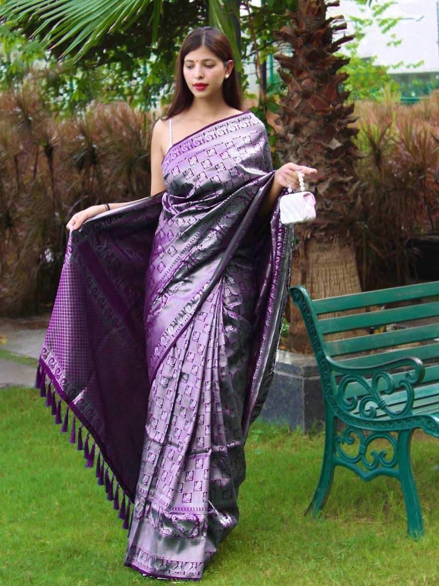 Violet Purple Zari Woven Banarasi Pure Kanjivaram Silk Saree