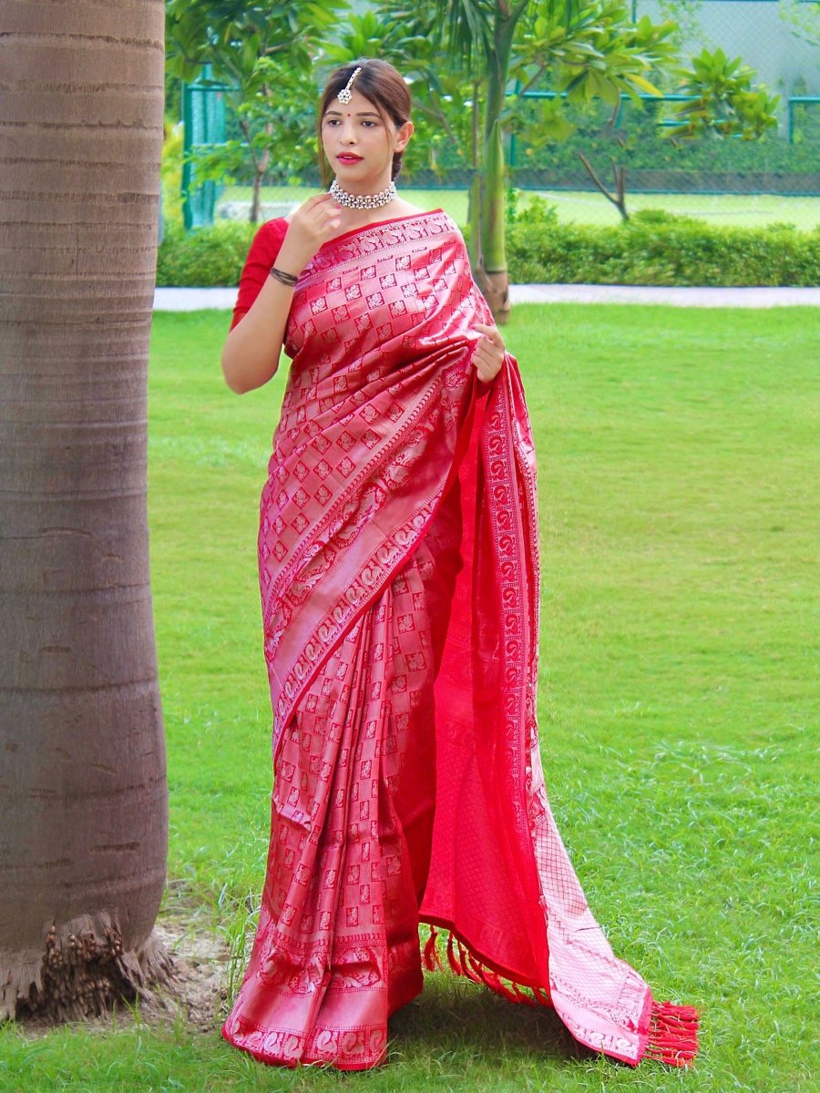 Red Saree in Pure Kanjeevaram Silk - Clothsvilla