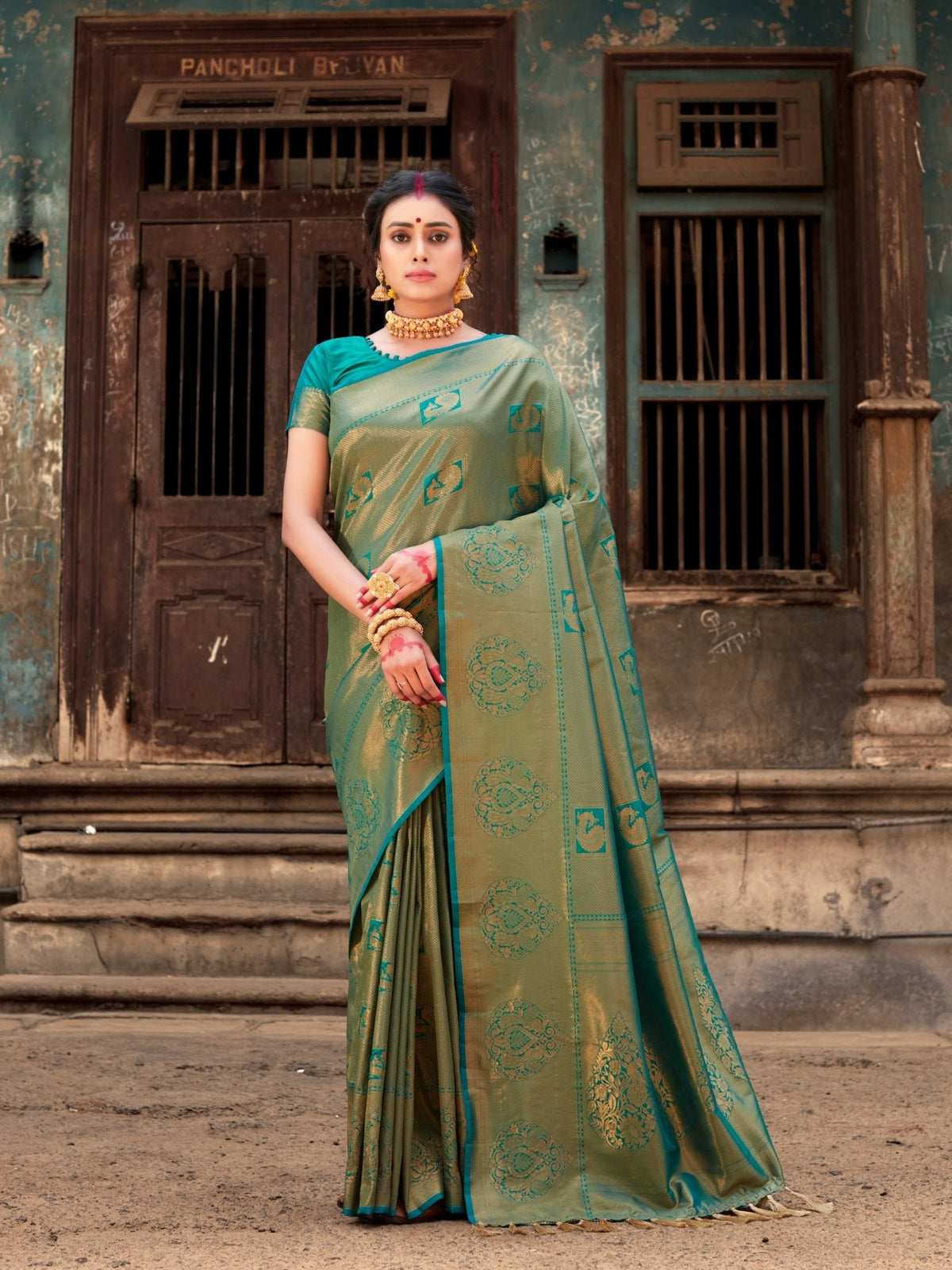 Pure Kanjeevaram Silk Mahalaxmi Green Saree Clothsvilla Main image