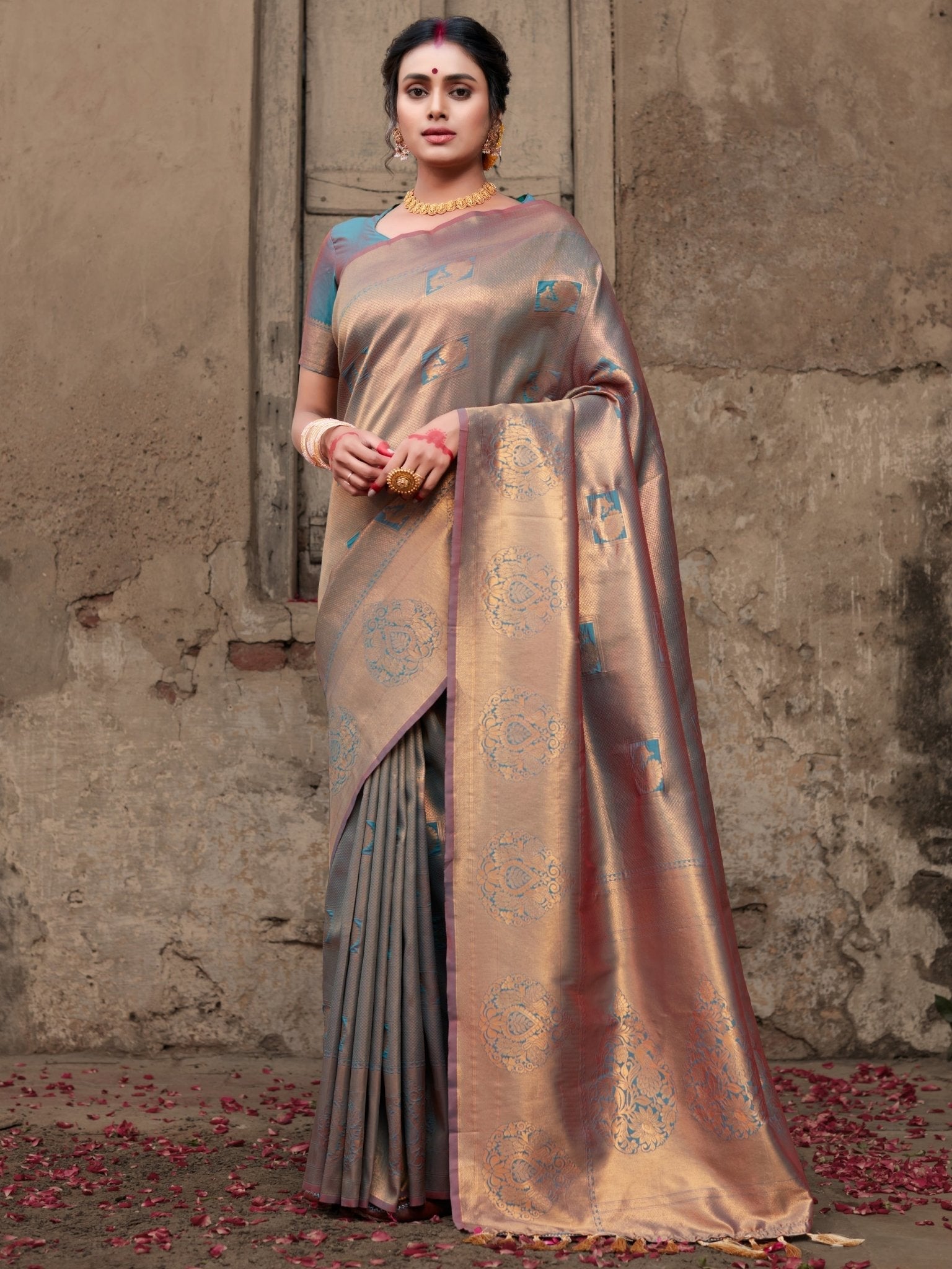 Pure Kanjeevaram Silk Mahalaxmi Metallic Blue Saree Clothsvilla
