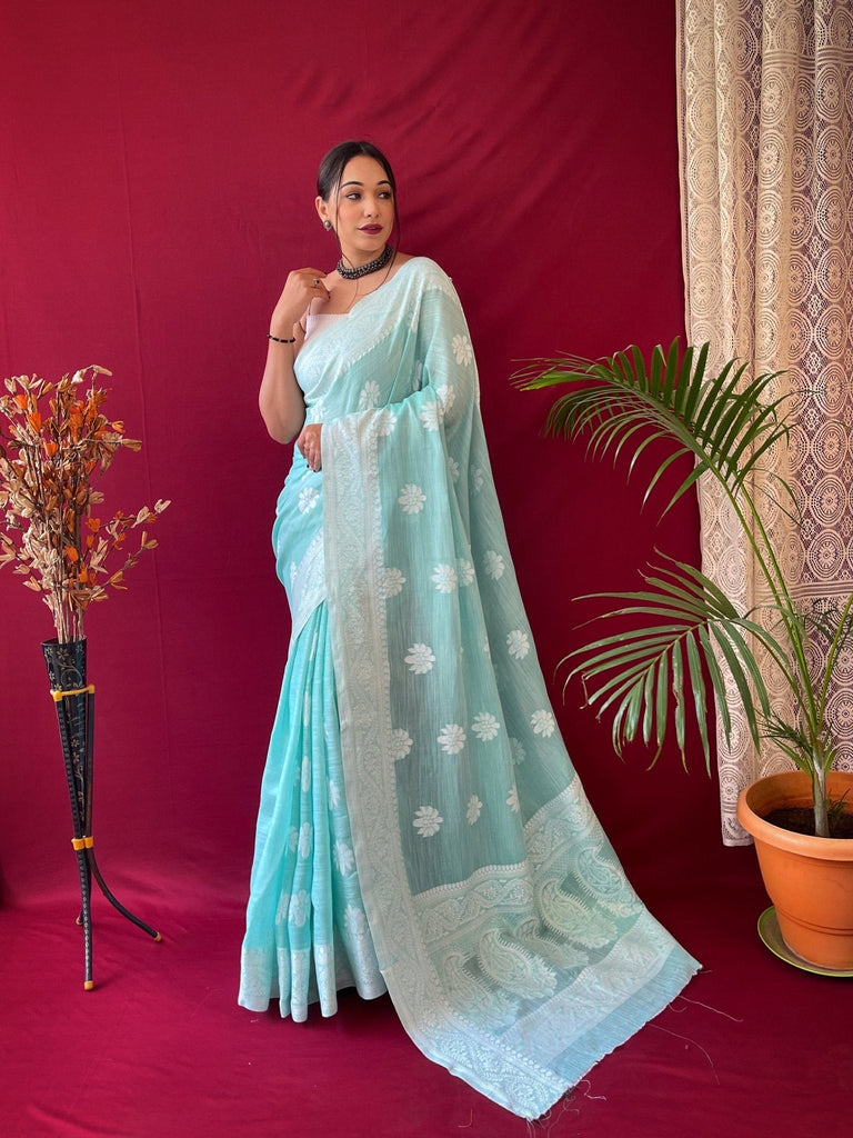 Pure Linen Lucknowi Woven Saree Cyan Blue Clothsvilla