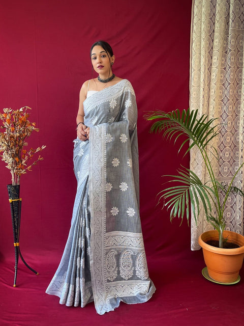 Pure Linen Lucknowi Woven Saree Grey Clothsvilla Main image