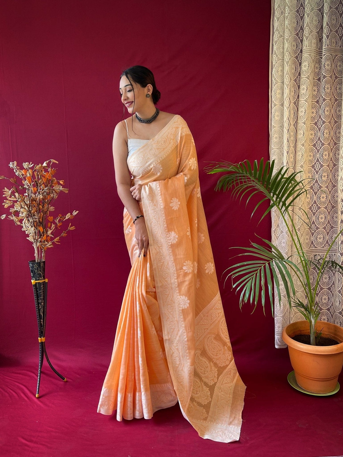 Pure Linen Lucknowi Woven Saree Orange Clothsvilla Main image