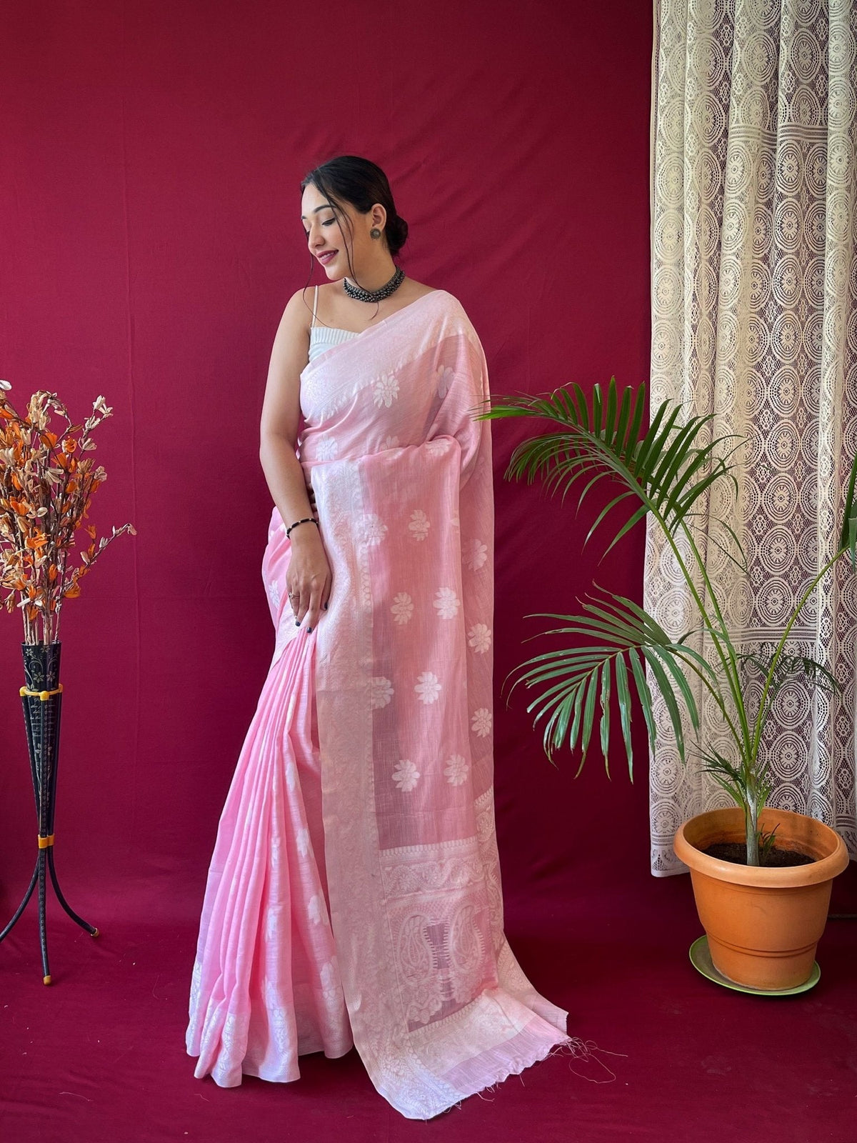 Pure Linen Lucknowi Woven Saree Pink Clothsvilla Main image