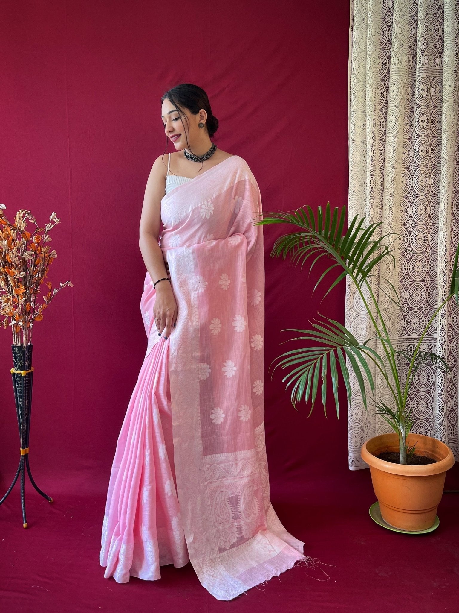 Pure Linen Lucknowi Woven Saree Pink Clothsvilla