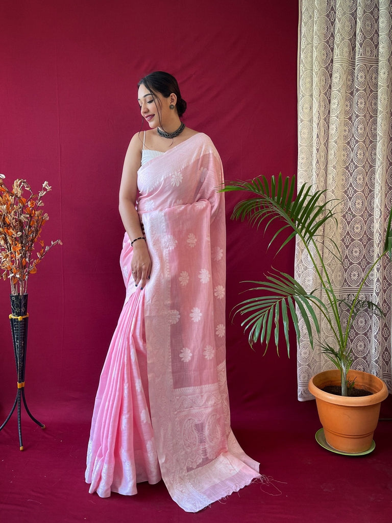 Pure Linen Lucknowi Woven Saree Pink Clothsvilla