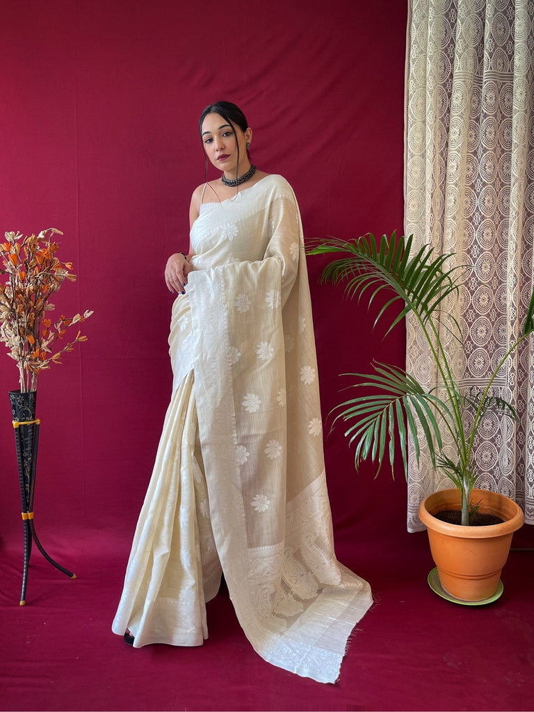 Pure Linen Lucknowi Woven Saree Satyr Brown Clothsvilla