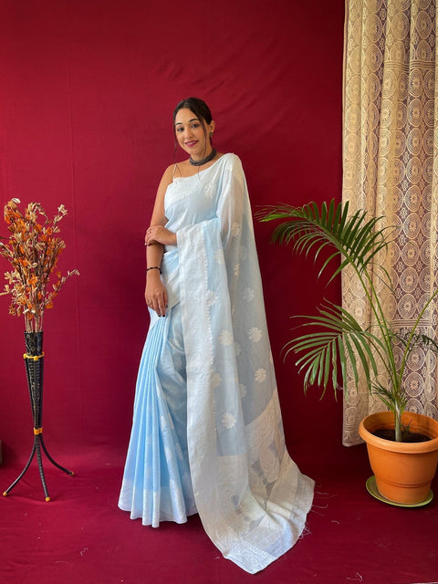 Pure Linen Lucknowi Woven Saree Sky Blue Clothsvilla Main image