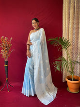 Load image into Gallery viewer, Pure Linen Lucknowi Woven Saree Sky Blue Clothsvilla
