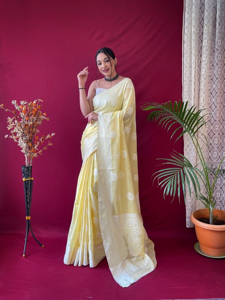 Pure Linen Lucknowi Woven Saree Yellow Clothsvilla