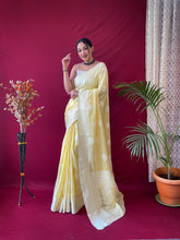 Load image into Gallery viewer, Pure Linen Lucknowi Woven Saree Yellow Clothsvilla