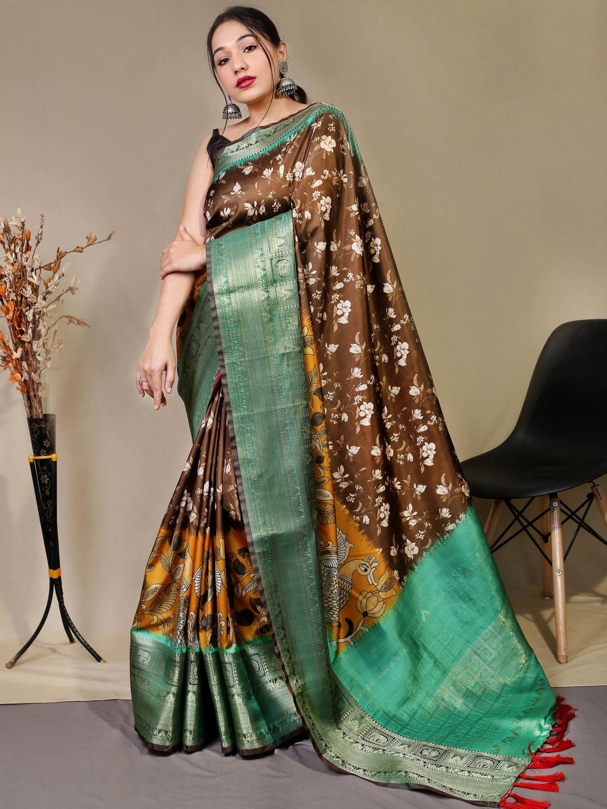 Gala Floral Kalamkari Printed Woven Saree Mehendi Brown Clothsvilla Main image