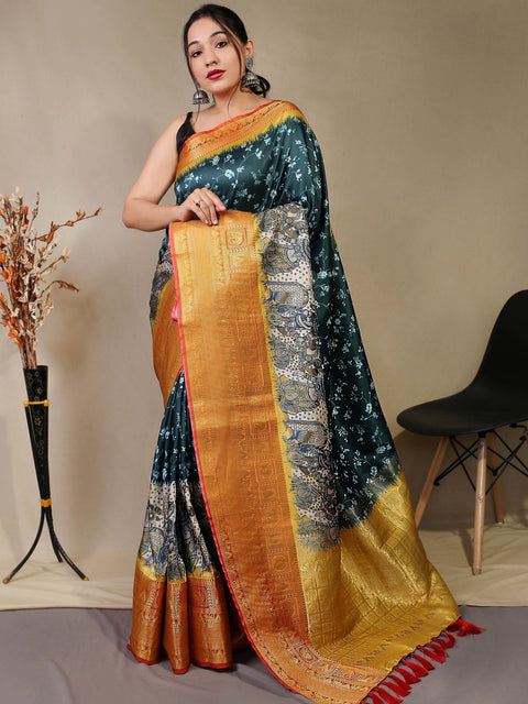 Gala Floral Kalamkari Printed Woven Saree Bottle Green Clothsvilla Main image