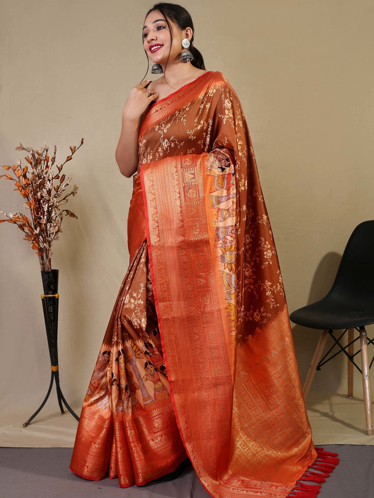 Gala Floral Kalamkari Printed Woven Saree Brown Clothsvilla