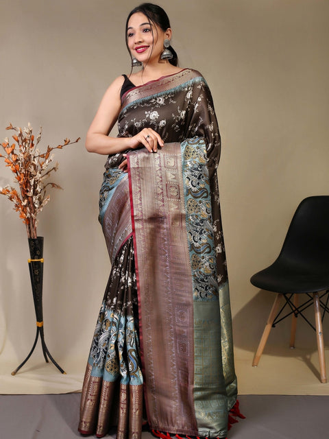 Gala Floral Kalamkari Printed Woven Saree Coffee Brown Clothsvilla Main image