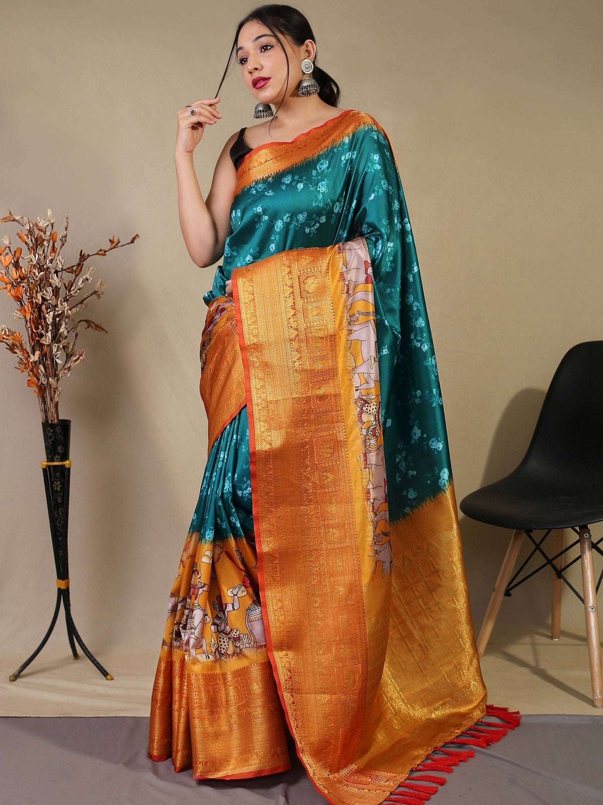 Gala Floral Kalamkari Printed Woven Saree Dark Aqua Clothsvilla Main image