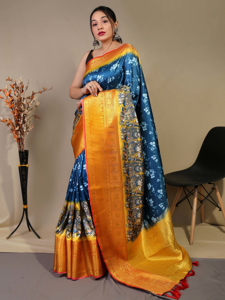 Gala Floral Kalamkari Printed Woven Saree Dark Blue Clothsvilla