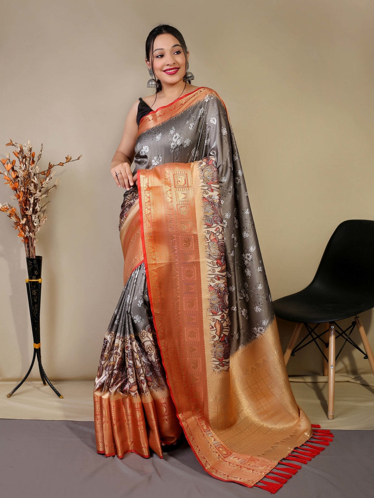 Multicoloured Kalamkari Printed Work Satin Silk Saree – Maharani