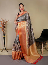 Load image into Gallery viewer, Gala Floral Kalamkari Printed Woven Saree Grey Clothsvilla