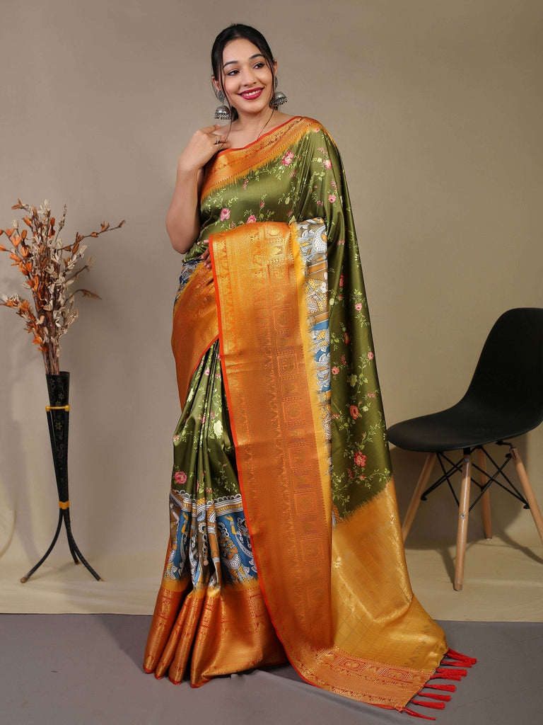 Gala Floral Kalamkari Printed Woven Saree Military Green Clothsvilla