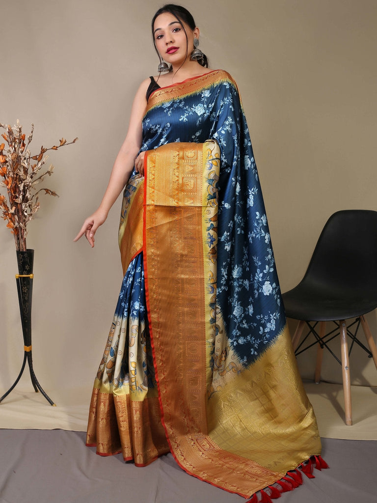 Gala Floral Kalamkari Printed Woven Saree Navy Blue Clothsvilla