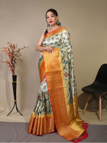 Gala Floral Kalamkari Printed Woven Saree Off White Clothsvilla